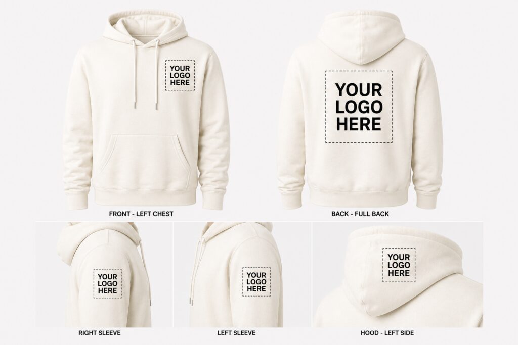 Cream hoodie mockup with logo placement boxes