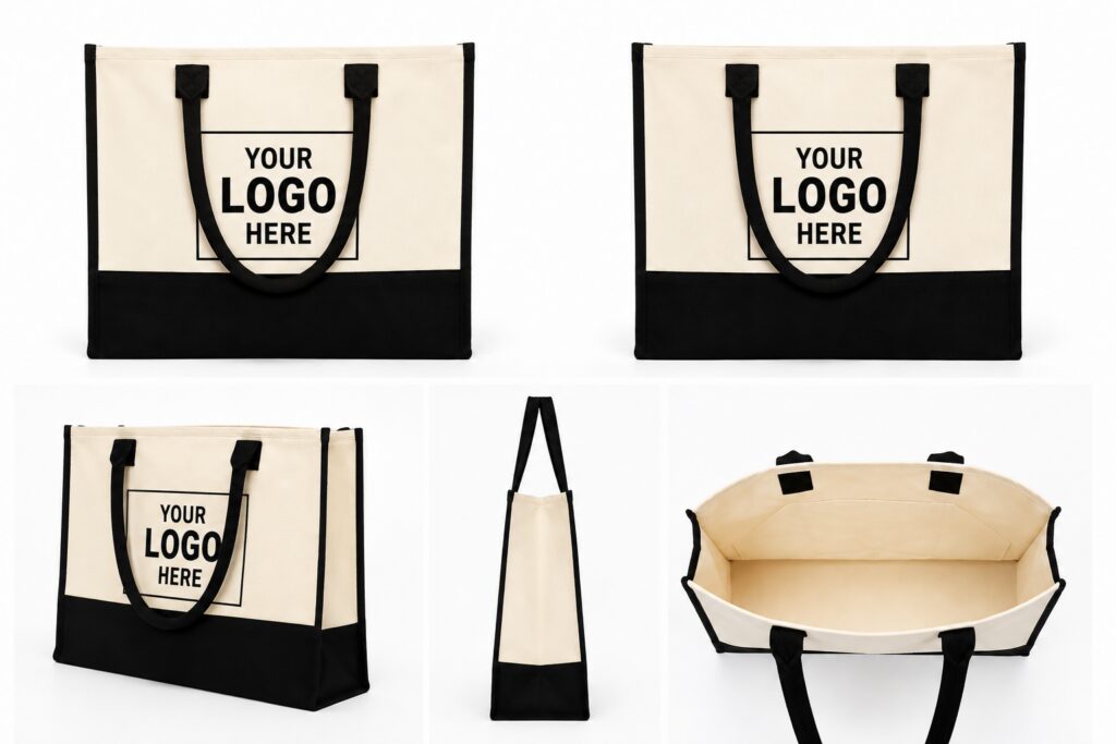 Canvas tote bag mockup with black trim