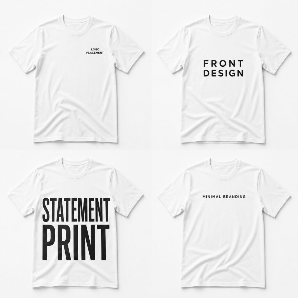 Four white t-shirt mockups with black text